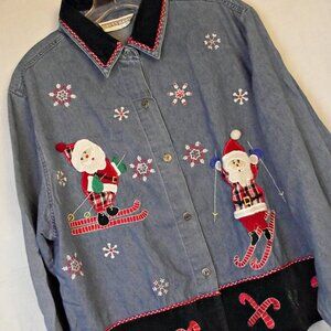CHRISTMAS Vintage Dress Barn Womens Denim Shirt Santa Skiing Velvet Trim XL